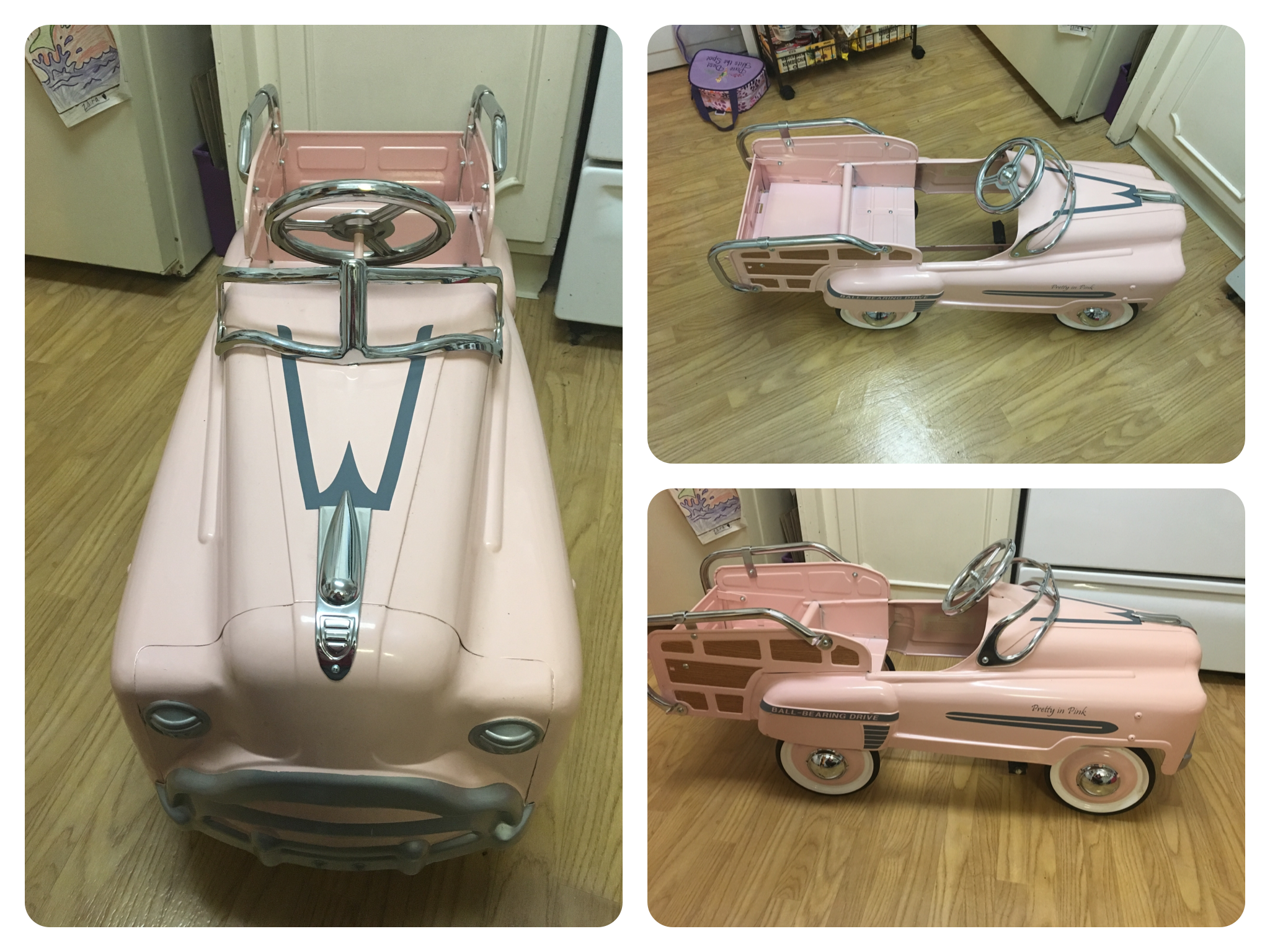 A small montage of a pink pedal car