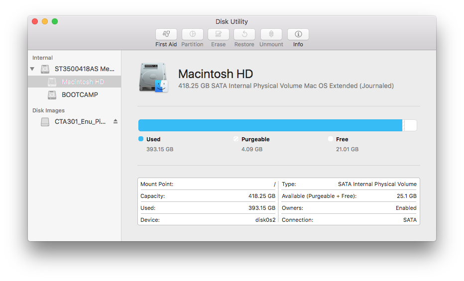 Disk Utility in macOS Sierra showing only disk usage, purgable data and free space.