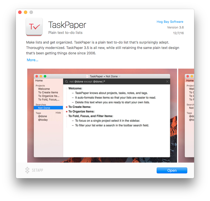 A preview of the TaskPaper app in Setapp
