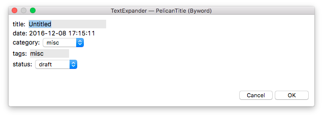 The popup window for the TextExpander header for my website.
